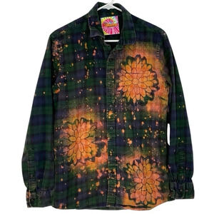 Boho Flannel Shirt Floral Stencil Bleached Plaid Womens Medium Large Blue Green